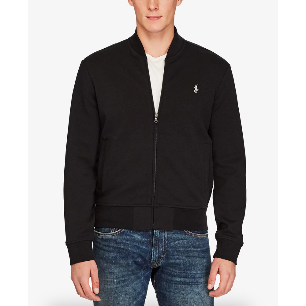 Polo Ralph Lauren Sz LARGE Black Double Knit Full Zip Sweatshirt Bomber Jacket